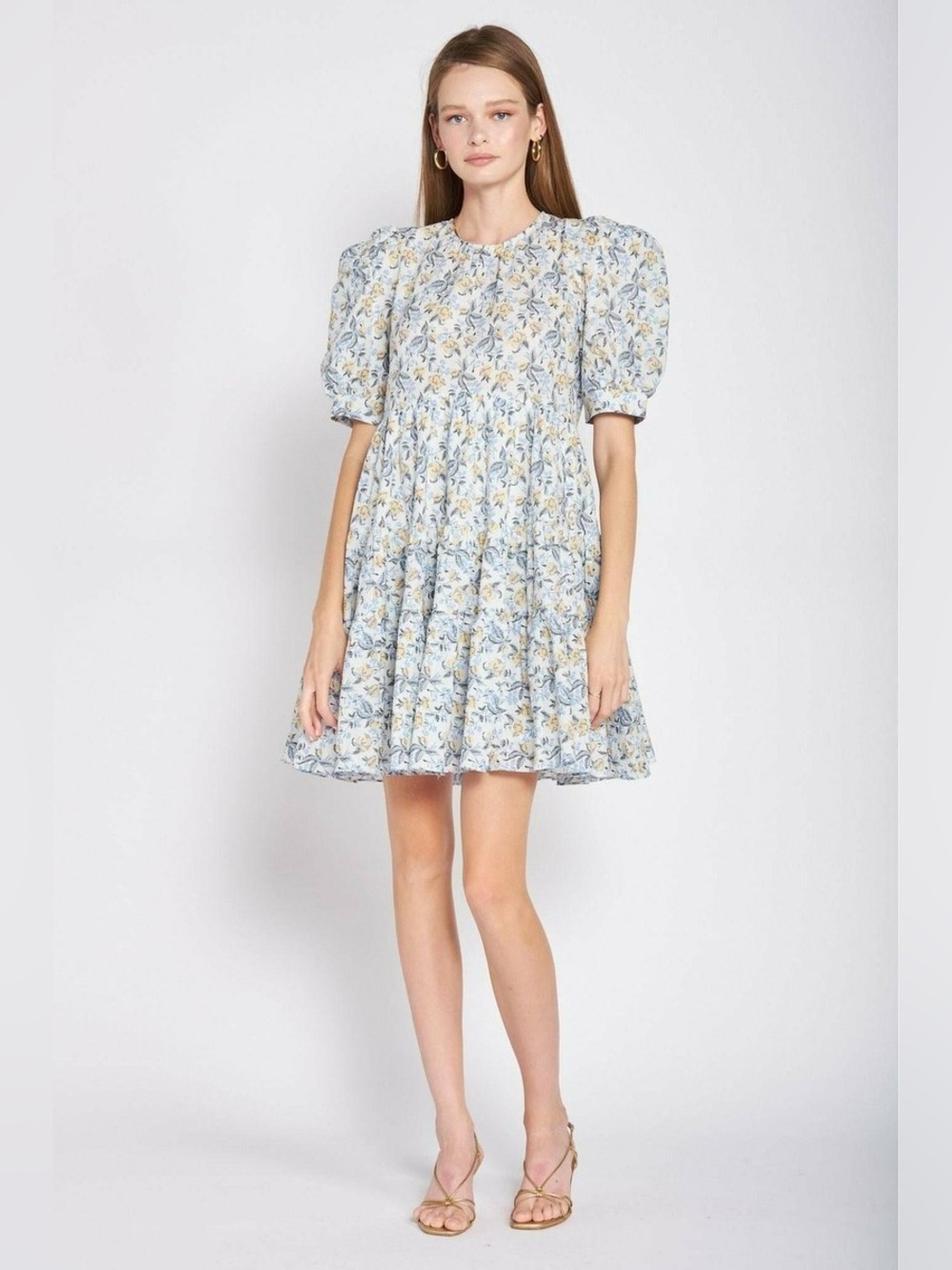 En Saison Blue Floral Puff-Sleeve Mini Dress
